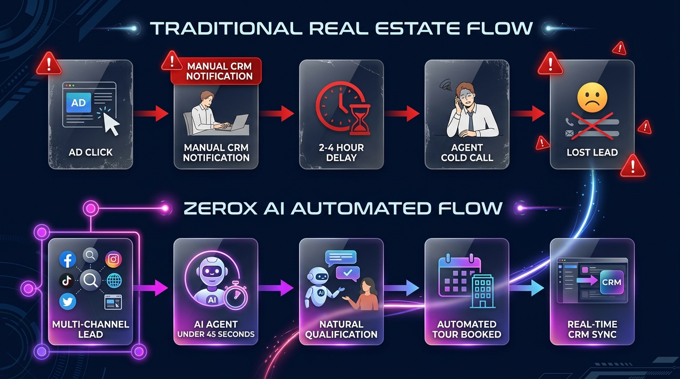 Traditional Real Estate Flow vs ZeroX AI Automated Flow